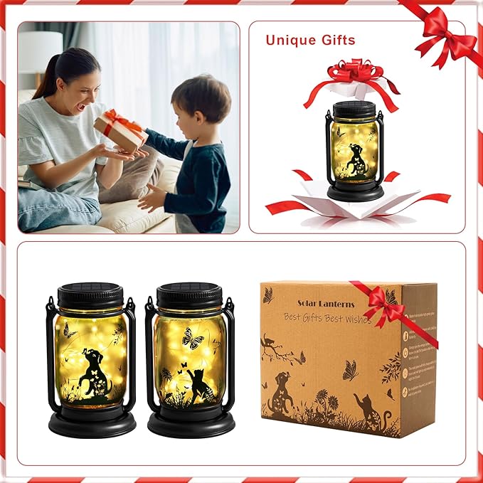 2 Pack Outdoor Hanging Solar Lantern, Cat & Dog Butterfly Vintage Glass Mason Jar, Birthday Mothers Day Gifts for Mom, Grandma, Women, Waterproof Garden lights for Patio Yard Lawn Tree Party Decor
