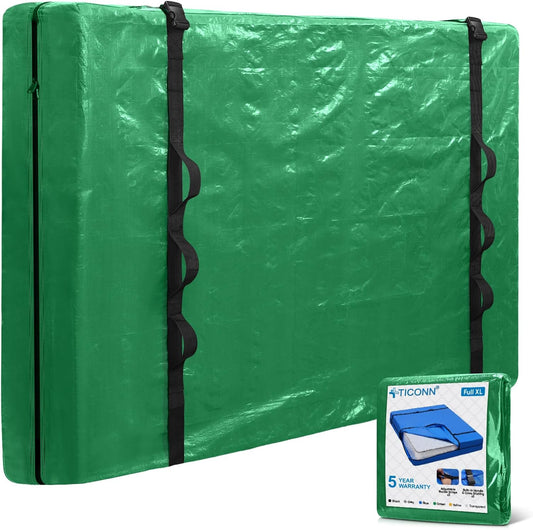 TICONN Mattress Bags for Moving, Heavy Duty Full XL Mattress Cover Storage Bag with Full-Around Handle and Adjustable Buckles (Green, Full XL)
