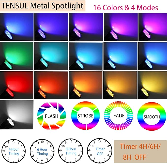 24W Outdoor RGB SpotLights with Timer, IP65 Waterproof Metal Landscape Lights Remote Colored Spot Lights Outdoor RGB Color Changing Spotlight for Outdoor Yard Garden Lawn(6 Lights), Black