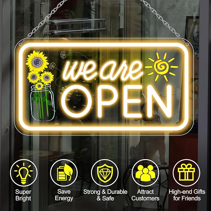 Neon We Are Open Signs for Business, 16.5x9'' Open Sign with Printed Flower and Sun, with ON/OFF Switch & Adapter, Warm White, Ideal for Window, Party, Wall, Bars, Coffee Shops, Salons, Clubs, Hotels