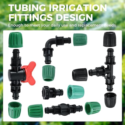 32Pcs 1/2 Inch Tubing Drip Irrigation Fittings Kit, 1/2 ID x 0.6-0.63 OD 16 mm Drip Line Barbed Locked Nut Connectors - 4 Switch Valves, 8 Tees, 8 Couplings, 4 Elbows, 4 Ends, 4 Adapters