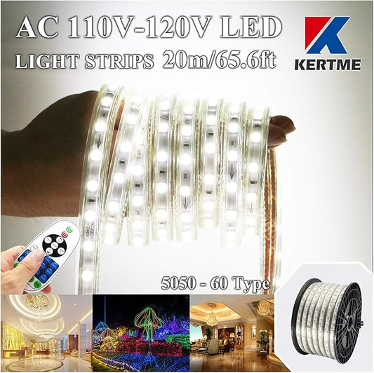 5050-60 Type AC 110-120V White LED Strip Lights, Flexible/Waterproof/Dimmable/Multi-Modes LED Rope Light + 23 Keys Remote for Home/Garden/Building Decoration (65.6ft/20m, White 6000K)