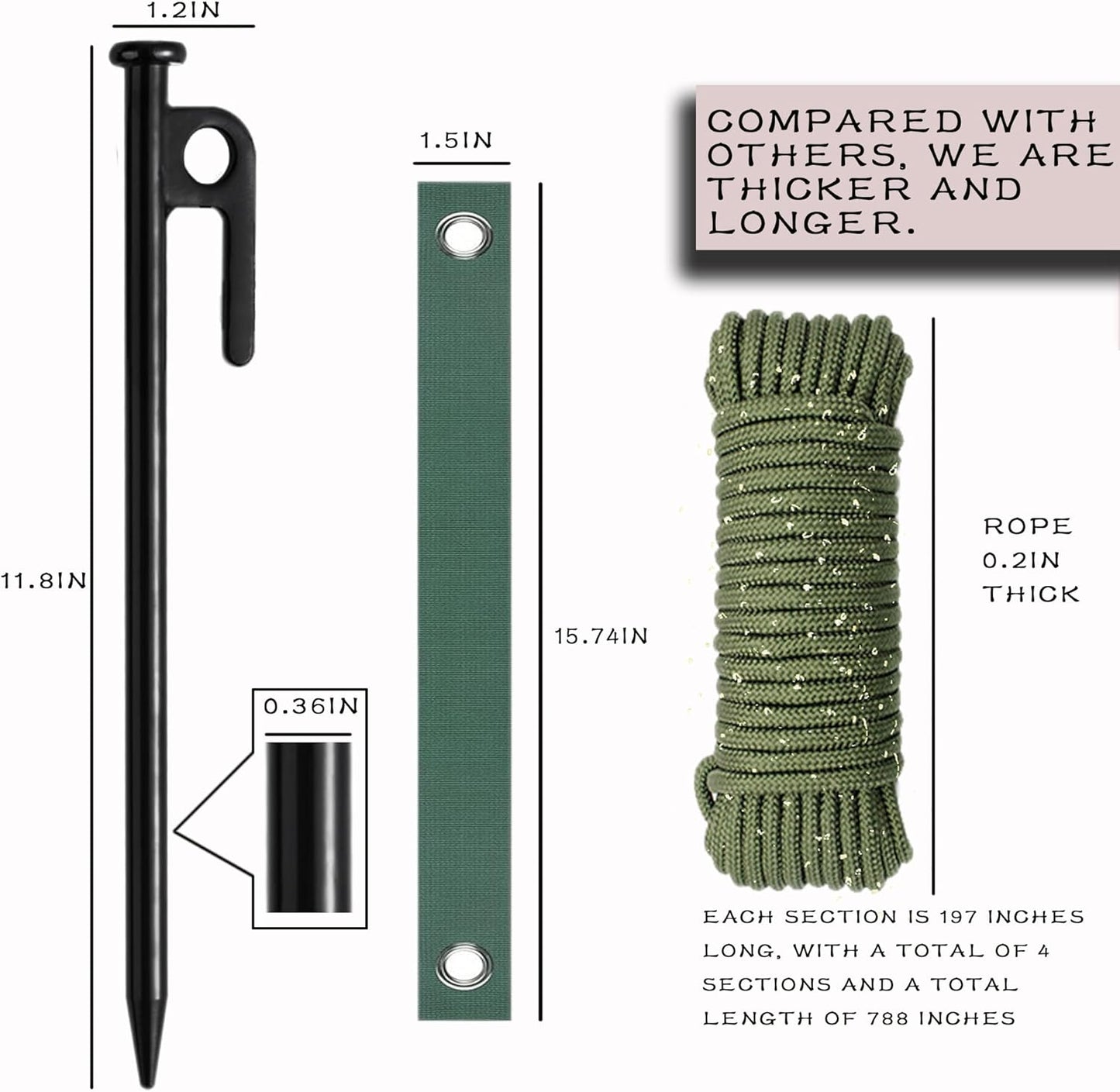 Tree Stake Kits, Tree Stakes and Supports Kits for Hurricane Protection & Bad Weather, Include 4 PCS 11.8" Heavy Duty Steel Tree Stakes, 4 PCS 15.8" Tree Straps and 4PCS 16.4FT Rope