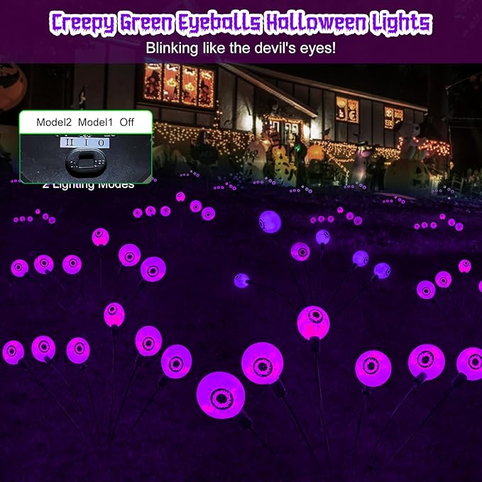 2 Packs 12 LED Scary Eyeball Lights - Purple, Swaying Firefly Lights - Waterproof Solar Halloween Decor for Outdoor/Yard/Garden/Lawn/Party
