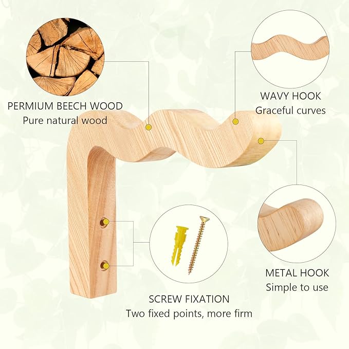 FGSAEOR Plant Hangers Outdoor, Hanging Plant Hooks for Indoors, Wave-Shaped Wooden Hanging Baskets for Wall Plant Hooks Heavy Duty for Flower Pots Wind Chimes and Bird Feeders (2-Pack, 6.8-Inch)