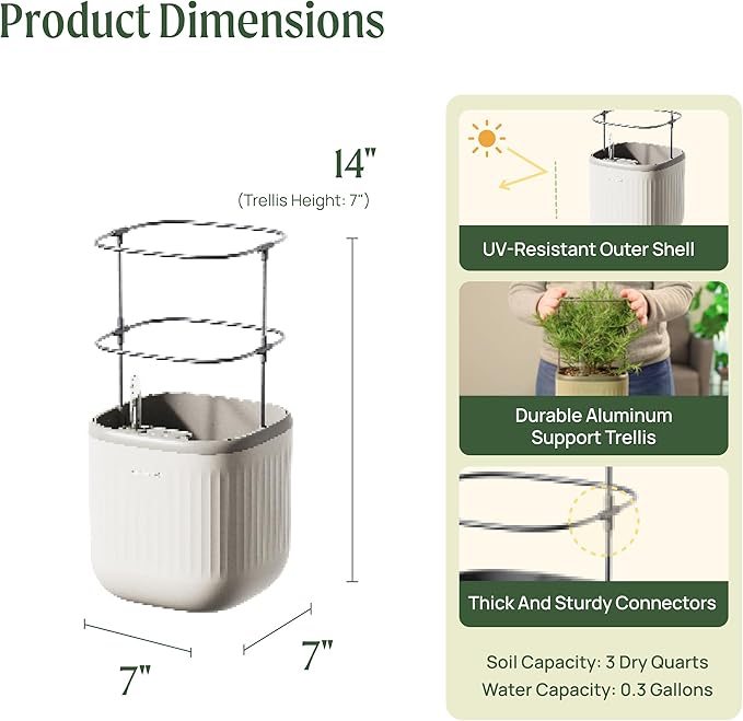 Vego garden Mini Planter Indoor Pots with Trellis Self-Watering Herb Countertop Planter for Climbing Vegetables Flowers Mint Plants Cage 2 Pack- Cream White