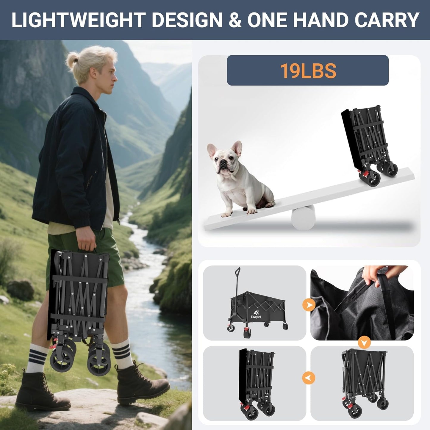 Favoyard Extra Large Collapsible Wagon Carts Foldable 360LBS Heavy Duty Beach Wagons with Big Wheels & Brakes Portable Folding Cart for Shopping Grocery Utility Sports Garden Camping Outdoor, Black