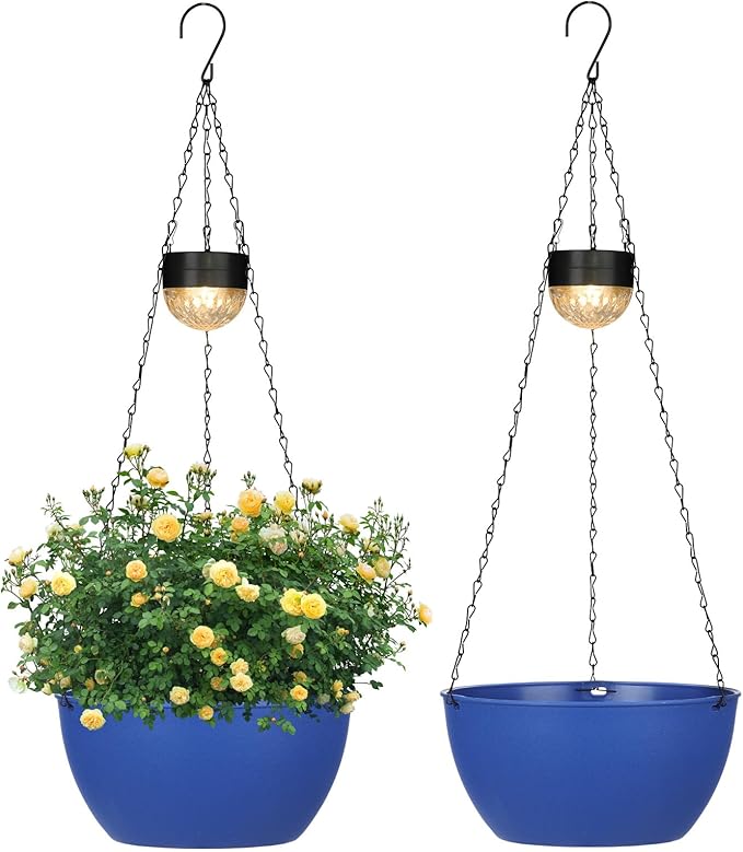 2 Packs Hanging Planters Basket for Outdoor Plants, Solar Powered Self Watering Blue Round Plastic Flower Pots with Drainer for Balcony Patio Garden Outdoor Decoration