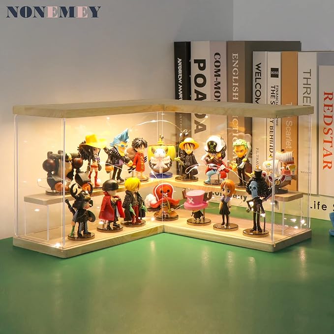 NONEMEY Clear Acrylic Display Case Stand with Wood Base 2/3/4/5/6 Tier Storage Box Showcase Dustproof Organizer Box for Collectibles (2Tier L Shape)
