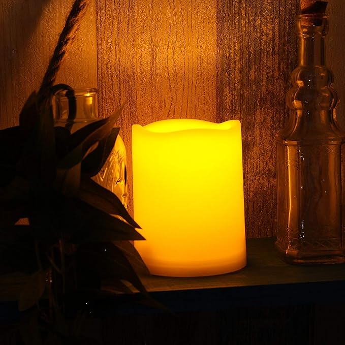 2 Waterproof Outdoor Battery Operated Flameless LED Pillar Candles with Timer Flickering Plastic Resin Electric Decorative Light for Lantern Patio Garden Home Decor Party Wedding Deco 3x4 Inch