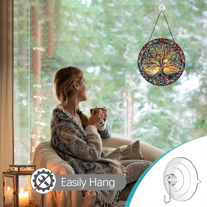 Tree of Life Suncatcher Stained Glass Window Hanging - 8″ Handmade Sun Catchers Indoor Window Valentines Day Decorations with Hooks and Chain - Wall Art Home Decor Panel Gifts for Women Men Mom Dad