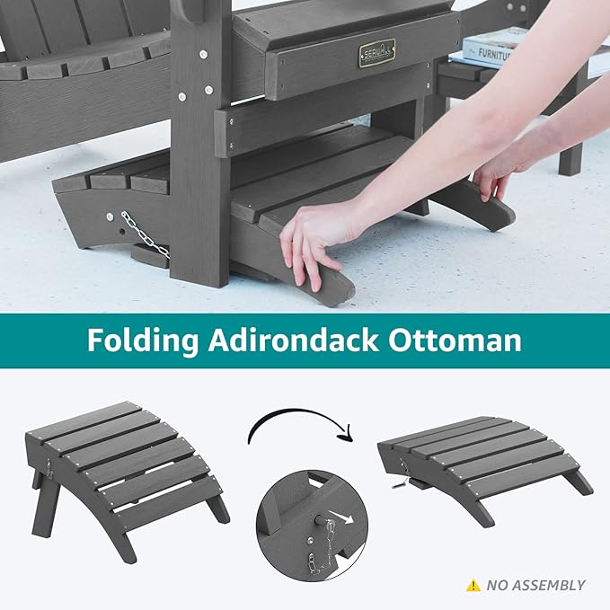 SERWALL Folding Adirondack Chair Footrest Set of 2, Adirondack Ottomans Without Assembly, Grey