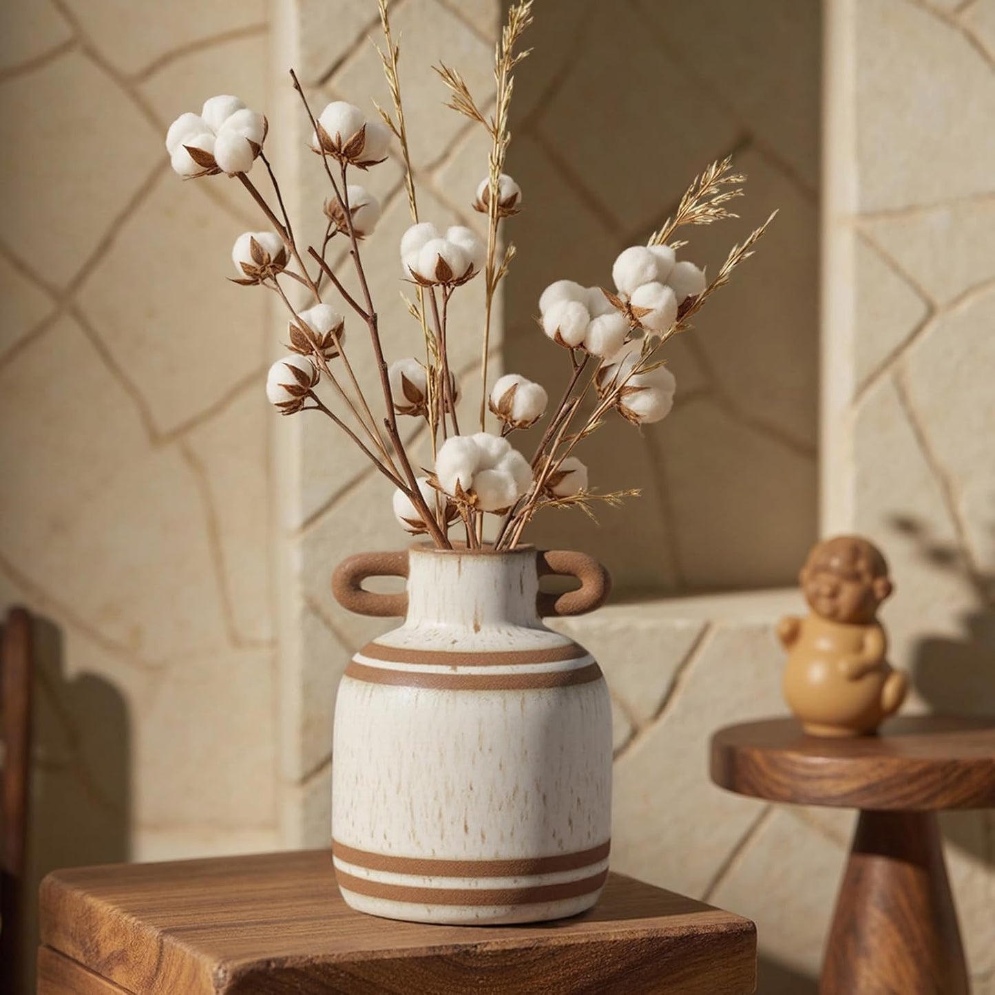 Rustic Farmhouse Ceramic Vase, Pastoral with 2 Ear Design, Boho Vintage Terracotta Vases for Bouquet、Fake Plants, Suitable for Home Decor, Shelf, Dining Table, Living Room, Mantle, Bathroom, 5.9 Inch