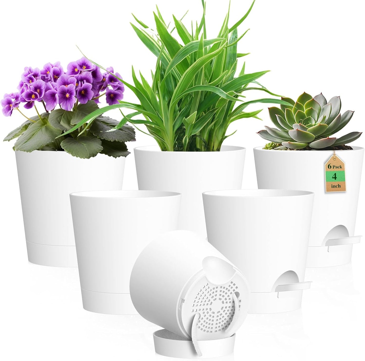 4 inch Self Watering Pots for Indoor Outdoor Plants, 6 Pack Plastic Flower Planters with Drainage Holes and Removable Saucers, Plant Pots with Wicking Rope, Modern Decor, White