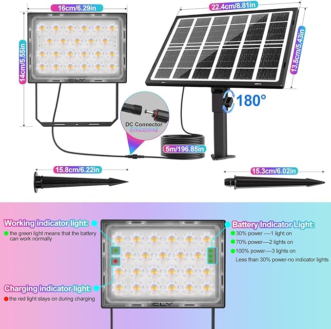 CLY Color Changing Solar Lights with Remote, IP66 Waterproof Outdoor Solar Flood Light 10 Colors 12 Modes 6 Brightness, Timer Memory Function 5M Cord for Stage Party Garden Wall Washer Light