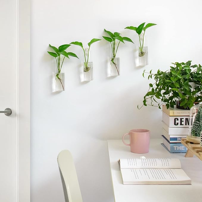 Ivolador Wall Plant Propagation Station Hanging Glass Planter Vase Terrarium Container Cylinder Shape Perfect for Propagating Hydroponic Plants Home Office Garden Decor Wedding-4PCS