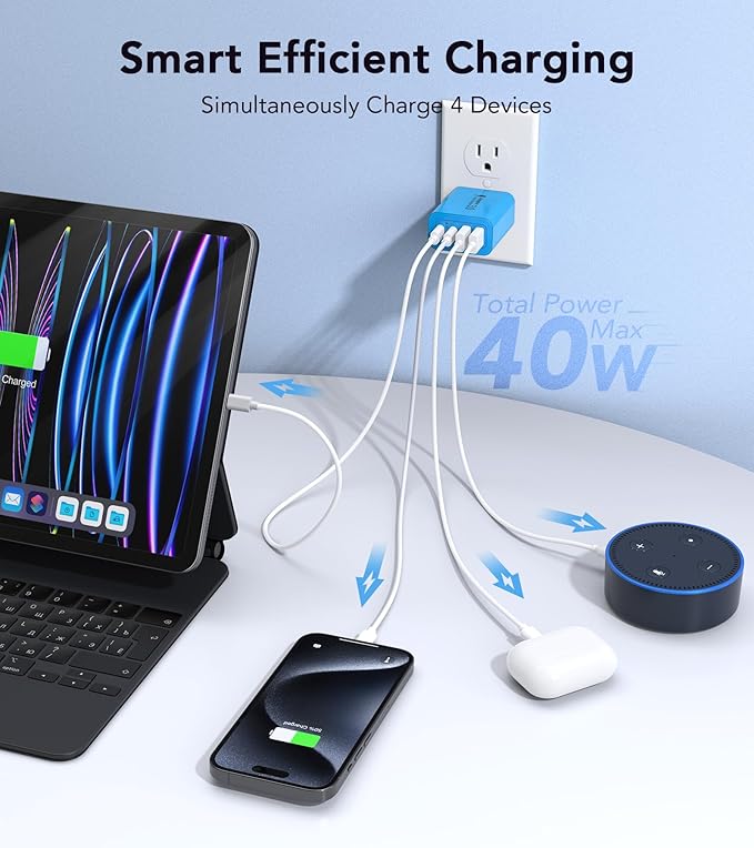 [40W/2Pack] Wall Charger, USB C Charger Block, Multi-Port PD + QC 3.0 Super Fast Charging Power Plug Adapter Brick for Watch Series 9 8 7, iPhone 16 15 14 13 Pro Max Airpod, Samsung Galaxy S24(Blue)