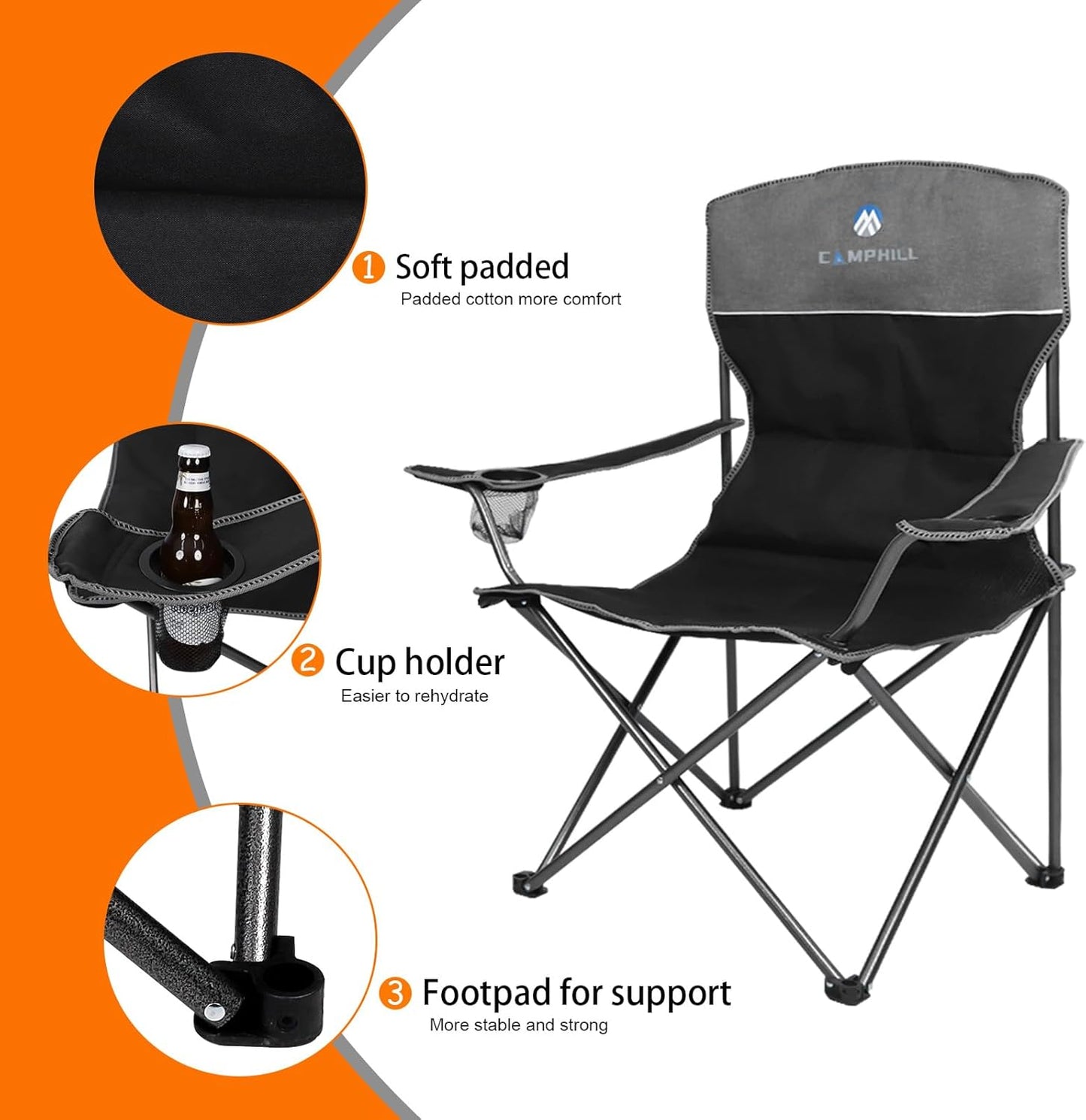 CAMPHILL Camping Chair Set of 3, Outdoor Folding Camping Chairs for Heavy People with Cup Holder & Carry Bag,Collapsible Chair Include One Sofa Chair and Two Single Chair,Support up to 500lbs