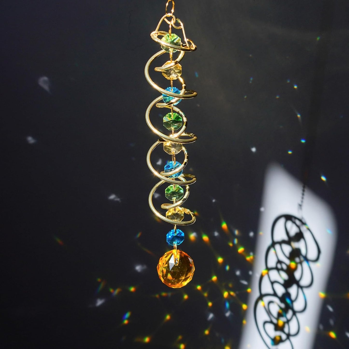 H&D HYALINE & DORA Glass Gazing Ball Spiral Tail Decorative Sun Catcher,20.5in Rainbow Maker Double-Spiral W/Yellow Crystal Ball Prism Sun Catcher for Indoor Outdoor Garden Decoration