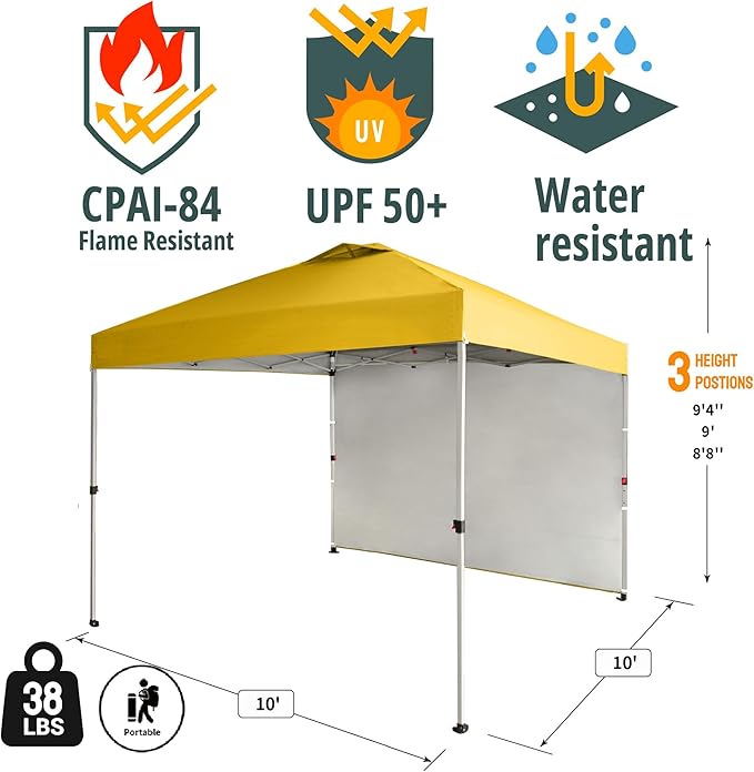 CROWN SHADES 10x10 Pop Up Canopy with 1 Side Wall - Beach Tent with One Push Setup - Outdoor Sun Shade for Events, Parties, Camping - Gazebo with STO-N-Go Cover Bag (Yellow)