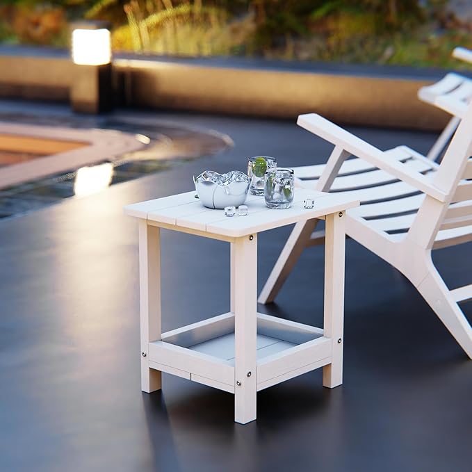 Outdoor Side Table with 2 Layers Storage Small Adirondack Square Side Tables for Outside Weather Resistant Patio End Table for Pool, Backyard, Indoor Companion, Front Porch, White