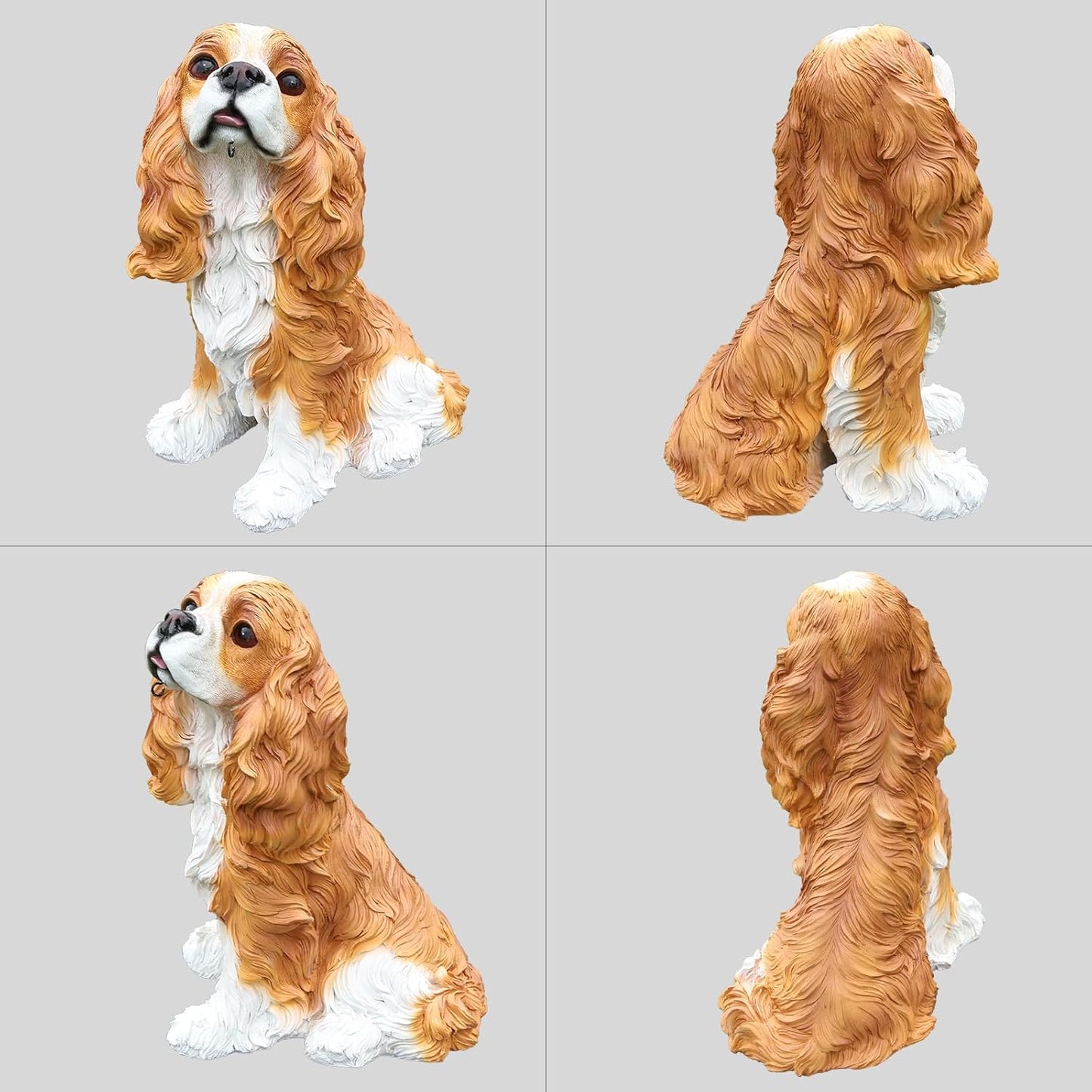 Sunny Cavalier King Charles Spaniel Solar Welcome Dog Statue, Hand-Painted Sitting Resin Puppy Figurine with Dual Signs and Lantern for Garden, Patio, and Front Porch Décor