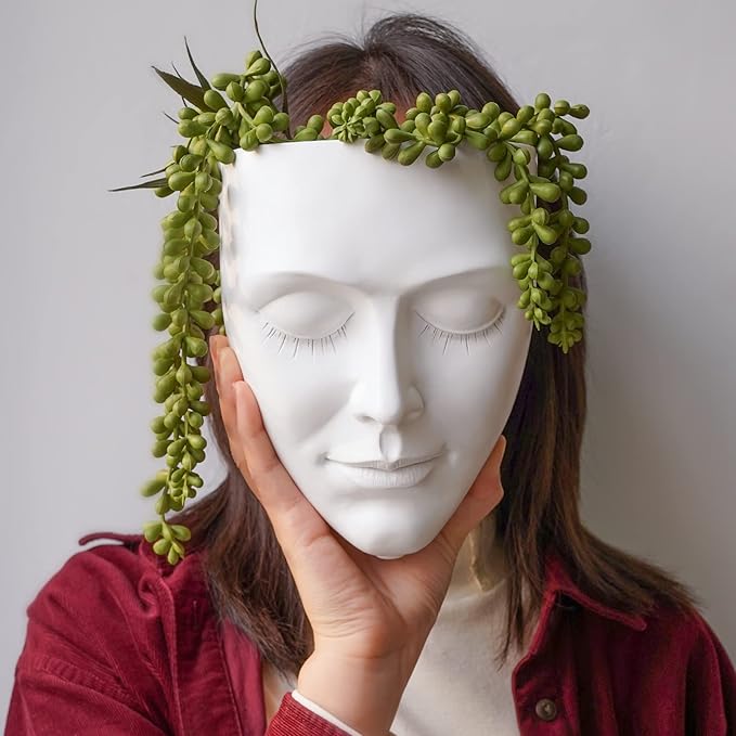 Head Planter Wall Mounted, 6.6 Inch Resin Face Wall Planter Wall Vase for Flower Plant Pot with Drainage Suitable for Home Decor Planter Gifts