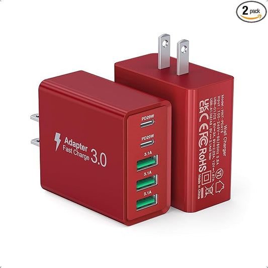 USB C Wall Charger Block, 2Pack 50W USB C Charger 5-Port PD Fast Charging Blocks,QC 3.0 USB A Multiport Plug,Type C Power Adapter Brick Cube for iPhone 16/15/14/13/Pro,Samsung,for Switch/Pixel（Red