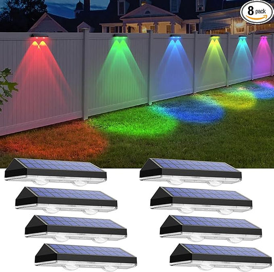 Solar Fence Lights Outdoor - Warm White & RGB 6 Color, Dusk to Dawn Deck Light, IP65 Waterproof Garden Lights for Outside/Backyard/Railing/Step/Patio/Wall (8 pack)
