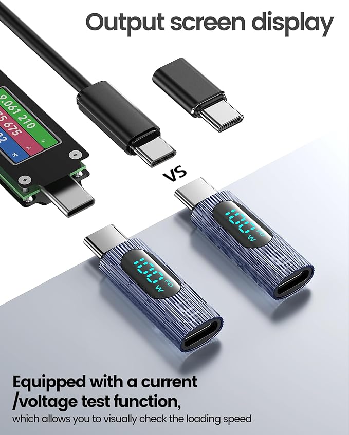 USB C Adapter, 2Pack 100W USB C Female to USB C Male Extension Adapter Type C Power Meter Tester with Digital Display for iPad Pro iPhone 15 Pro Max MacBook Pro Laptop (Grey)