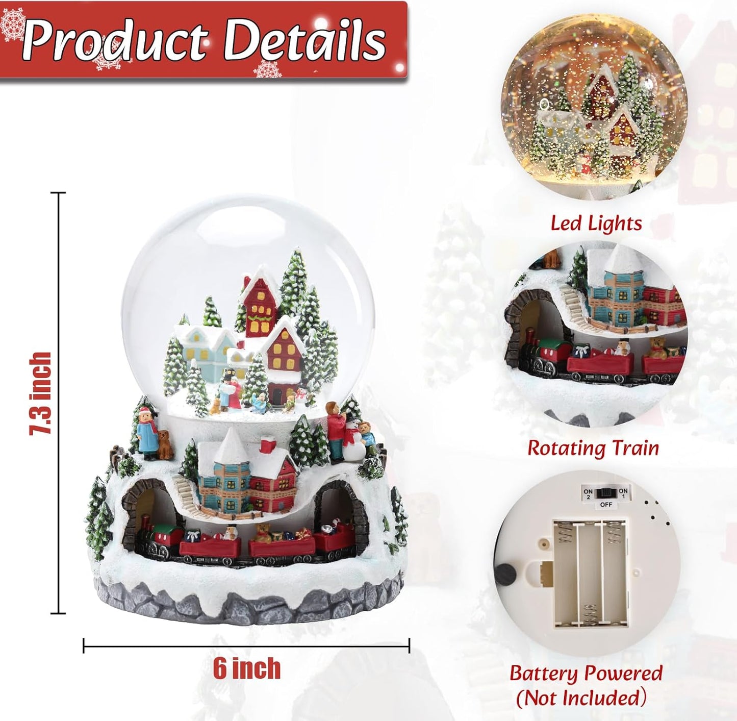 Christmas Village Snow Globes, Church House with Moving Train Musical Snow Globe Swirling Glittering Water Globes Christmas Birthday Gift for Girls Kids Daughters