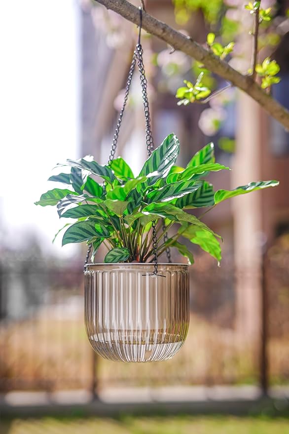 Melphoe 2 Pack Self Watering Hanging Planters Indoor Flower Pots, 6.5 Inch Outdoor Hanging Plant Pot Basket, Plant Hanger with 3Hooks Drainage Holes for Garden Home (Gray + White)