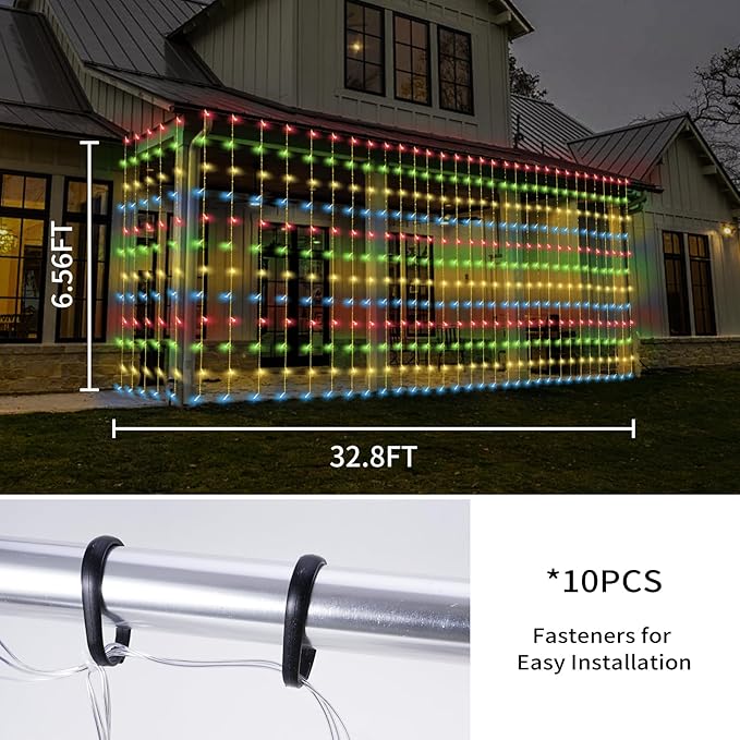 32.8 * 6.56FT Large Size Solar Curtain Lights Outdoor, 8 Modes String Icicle Lights, Garden Christmas Decortions for Patio, Gazebo, Eaves, Fence, Tree, Porch (Multicolor)