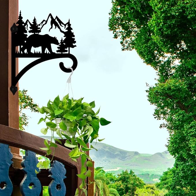 peacoblue Iron Plant Hanger Hook for Outdoor Indoor Hanging Plant Flower Fern Pot Lantern Bird Feeder,12"x15" Weather Resistant Metal Wall Holder for Porch Garden Farmhouse(Forest Bear and Mountain)