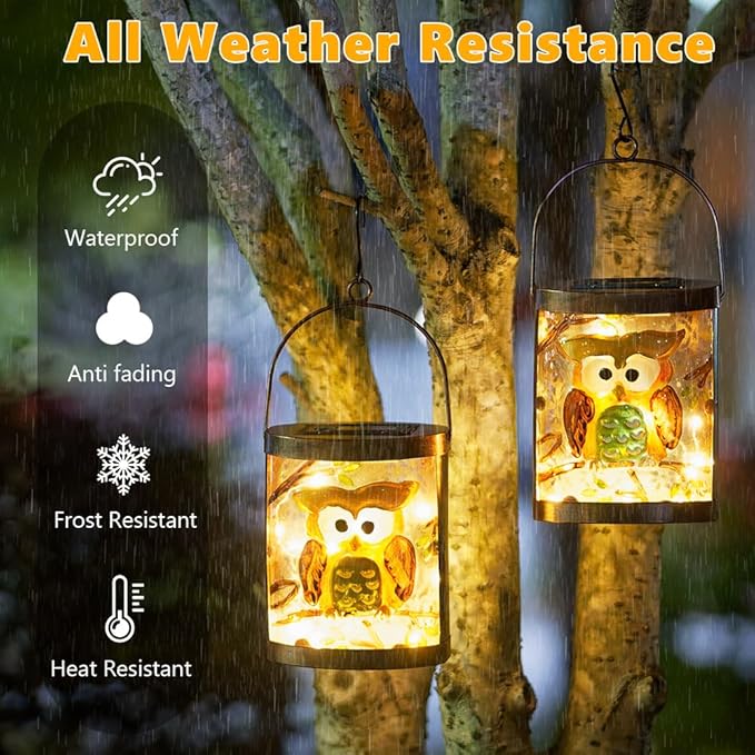 2 Pack Owl Solar Lanterns Outdoor Waterproof, Hanging Glass Solar Lantern with LED Light for Garden Yard