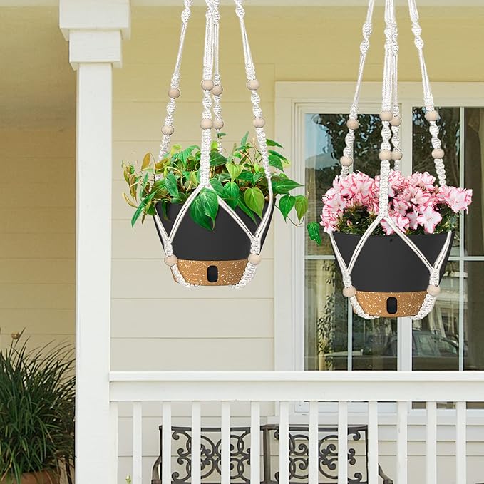 ZMTECH 2 Pack 10 Inch Hanging Planters with Macrame Plant Hanger for Indoor and Outdoor Plants, Self Watering, Drainage Hole, Visible Level Tray, Gray