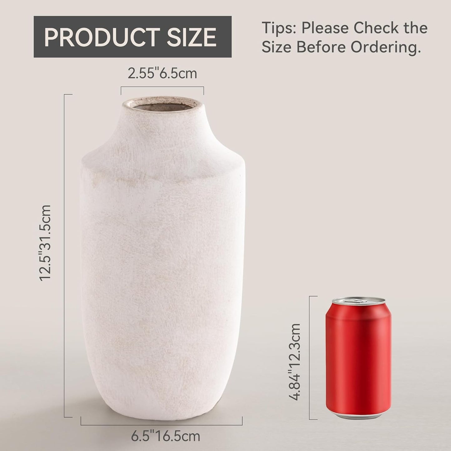 Mitt&Ditt Ceramic Flower Vase, 12.5 inch Tall Off-White Vase, Large Decorative Terracotta Vases, Farmhouse Rustic Pottery Vases for Home Decor, Living Room, Table