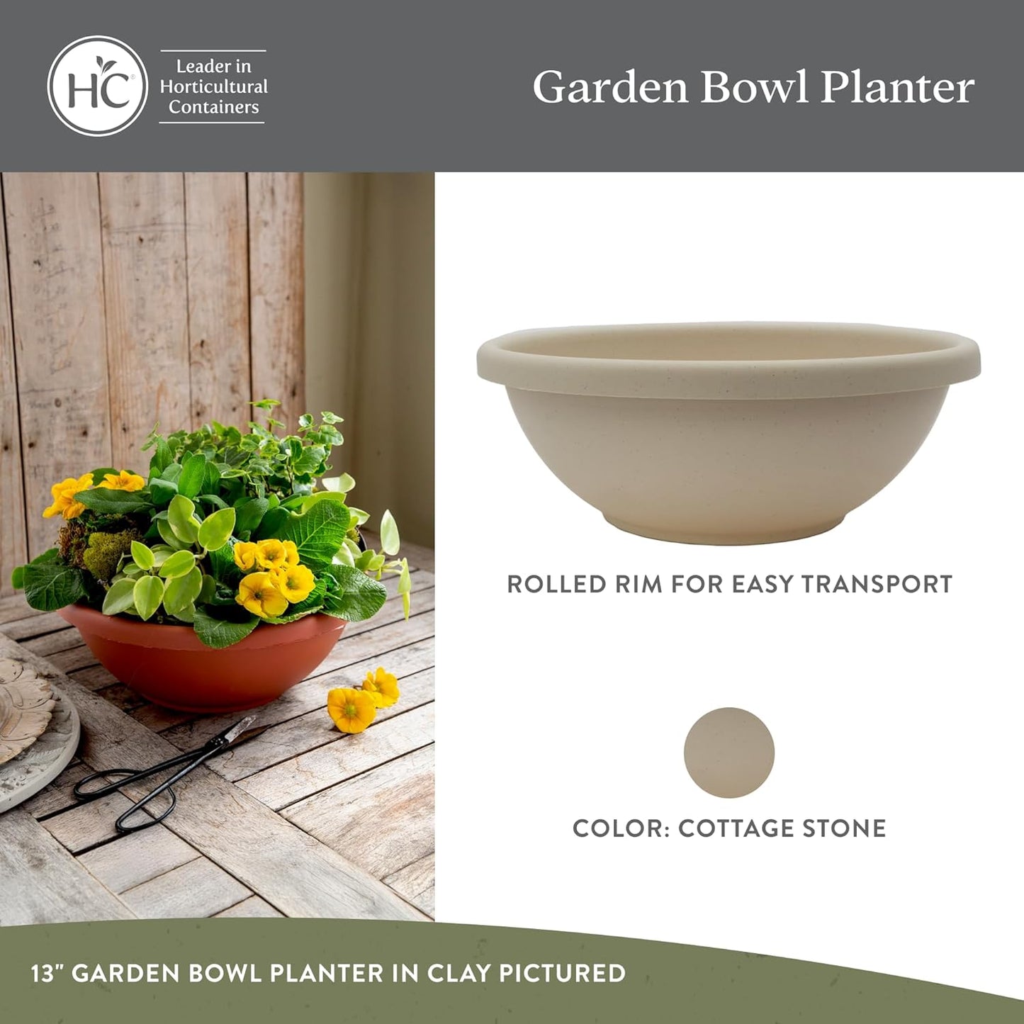 The HC Companies Shallow Planter with Drainage - Contemporary Garden Bowl Planter for Flowers, Herbs & More - Round Succulent Planter Pot for Indoors and Outdoors (15.5" Cottage Stone, Pack of 2)