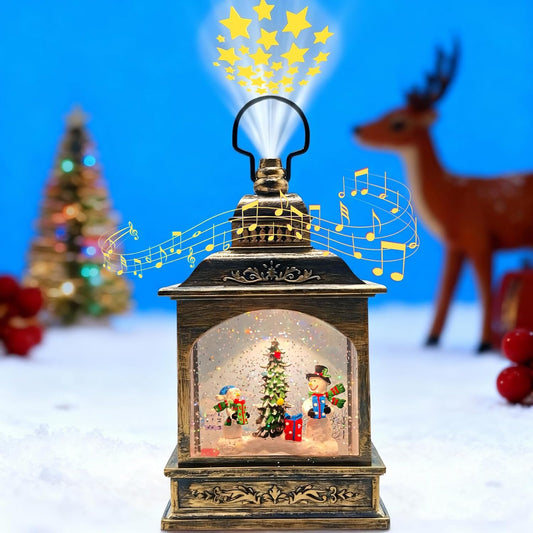 Snowman Christmas Decorations Snow Globes Lantern Lighted Water Swirling Glitter,with Stars Projection/Music,Christmas Decorations Indoor - USB/Battery Operated-Snow Globe for Kids Adults