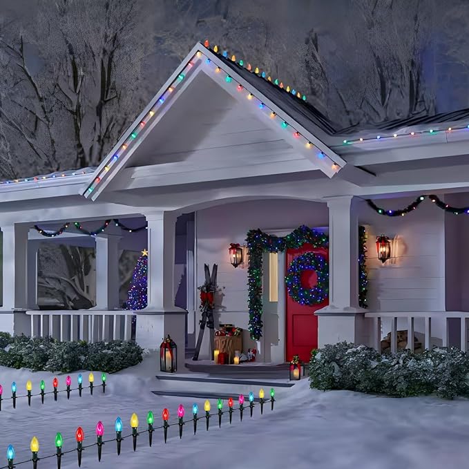 38Ft Christmas Pathway String Lights Outdoor With C9 25 Multicolor Marker Stakes, Extendable Walkway Lights for Outside Xmas Party Holiday Backyard Sidewalk Decor