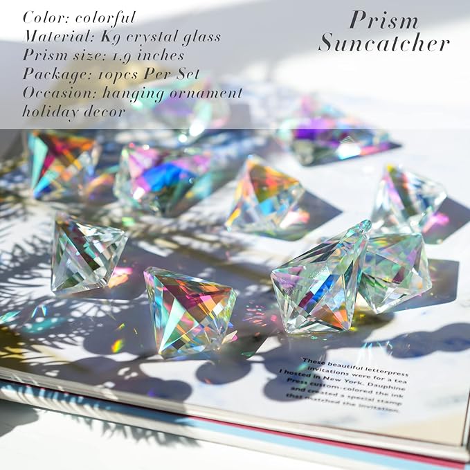 50mm Sun Catchers with Crystals, 10 Pcs Hanging Crystals Suncatchers for Windows, Colored Horns Crystals Prisms,Glass Pendant Suncatchers for Chandeliers, Garden, Christmas Tree Decor