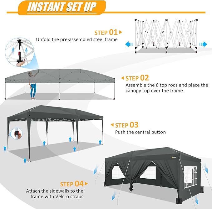 HOTEEL 10x20 Pop up Canopy with 6 Sidewalls, One Push Instant Setup Outdoor Canopy Tent with Reinforce Rod, Weight Bag, for Parties, Events, Gray