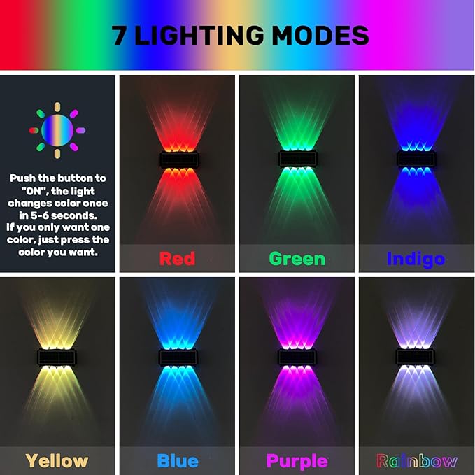 8LED Multi-Color Solar Wall Lights, Up and Down Lighting Solar Outdoor Light Waterproof IP65, Solar Fence Light for Yard Deck Garden Garage Walkway Porch Christmas Decorations (4 Pack)