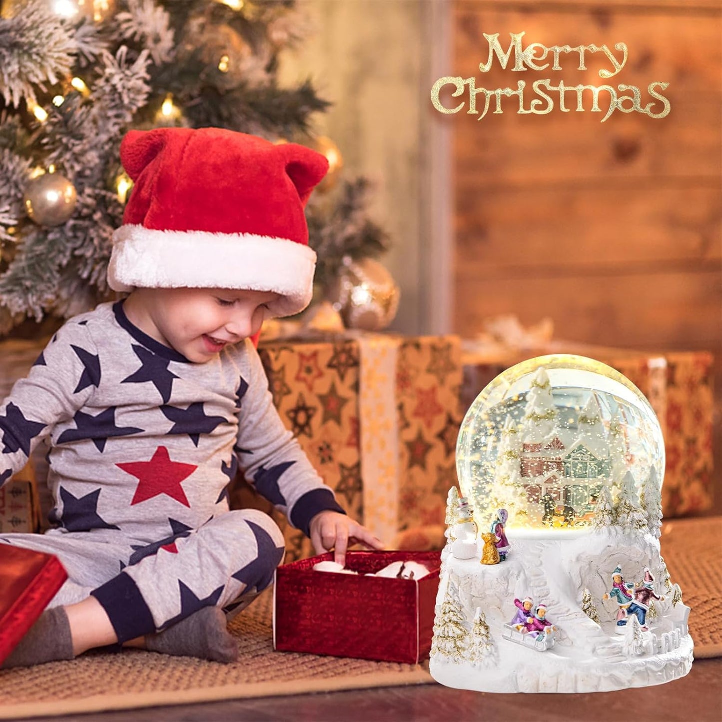 MUMTOP Christmas Snow Globes, Musical Snow Globes, White Christmas Lanterns Snow Globe Snowglobes with House,Dancing Kids,Children Skiing on Sledges and Snowman for Christmas Birthday Gift