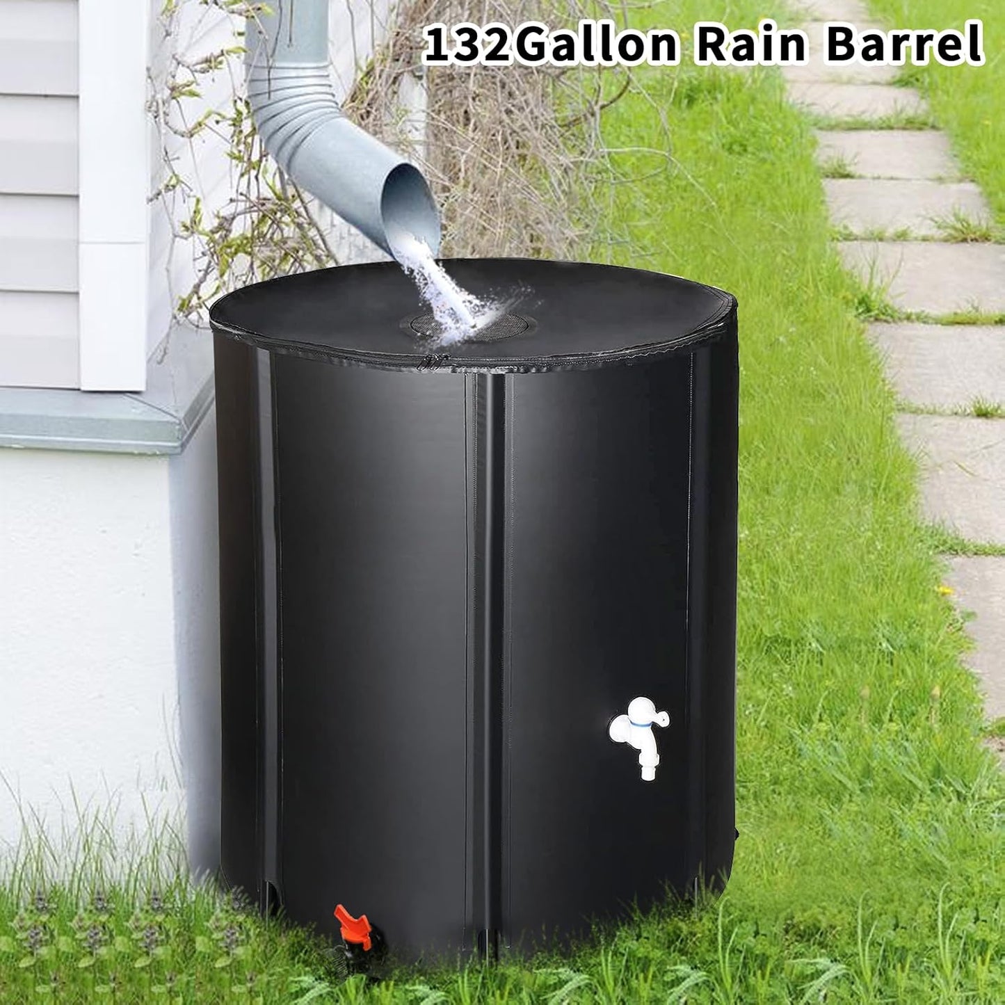 Collapsible Rain Barrel, 132 Gallon Portable Rainwater Collection System, Water Storage Tank, Rain Catcher Barrel with Two Spigots and Overflow Kit, Rain Water Barrel Collector for Garden, Black