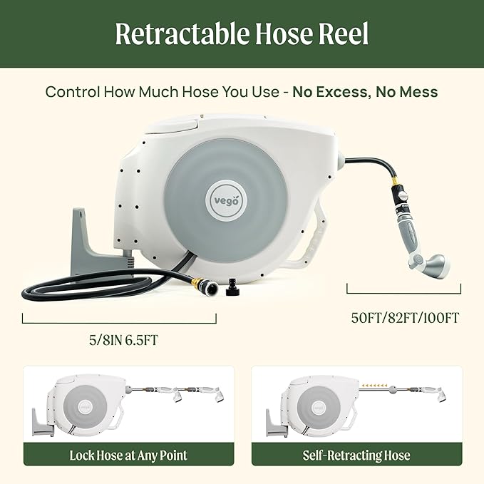 Vego Garden Hose Reel Retractable Hi-Flow x 100ft Wall Mounted Hose Reel Automatic Rewind, Any Length Lock with 9 Patterns Sprayer Nozzle, Quick Connector and Adjustable shot Nozzle-Cloud White