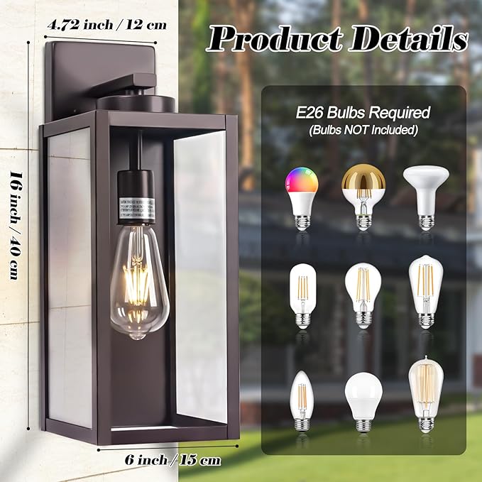 Oil-Rubbed Bronze Outdoor Wall Light Fixture, Large 16" ORB Exterior Wall Lantern, Farmhouse Porch Sconce Lighting, Modern Wall-Mounted Outside Lights for House, Garage, Patio Lamp