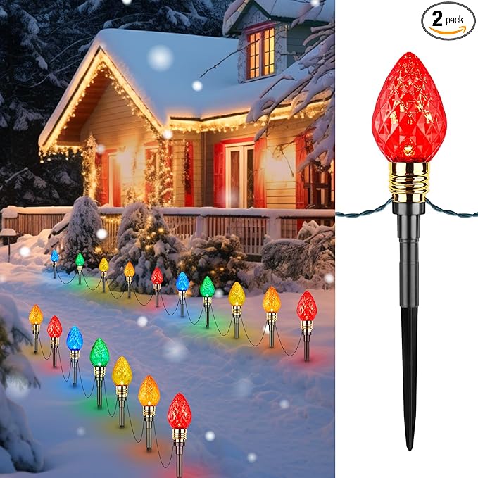 2 Pack Strawberry C9 Christmas Pathway Lights Outdoor - Total 34.8 Feet 20 LED Christmas Walkway Lights, Colored Bulb Christmas Lights Outdoor Decorations for Yard Lawn Holiday Outside, Multicolor