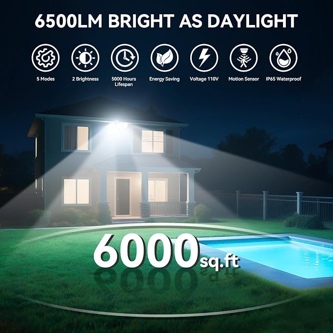 65W LED Flood Light Outdoor, 6500LM, Waterproof, 6500K Motion Sensor Flood Lights Outdoor with Adjustable 3 Head Detected Floodlight for Outside Entryway Garage, Yard, Porch, White