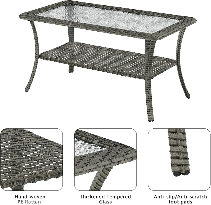 Patio Tables Outdoor Coffee Table - Wicker Rattan Coffee Tables with 2-Tier Storage Shelf Glass Top for Outside Proch Deck Balcony Garden Rectangle Mixed Grey